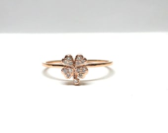 Clover Ring / Diamond Clover Ring / 14k Rose Gold Clover Ring / Dainty Clover Ring / Good Luck Ring / Gold Clover Ring / Stackable Clover