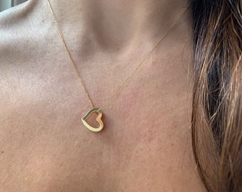 14k Heart Necklace / 14k Gold Heart Necklace / Sliding Heart Necklace / Gift For her / Love Necklace