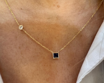 Birthstone Sapphire Necklace / 14k Gold Sapphire Solitaire Necklace / Blue Sapphire Diamond Bezel Necklace / Princess Cut Sapphire Necklace