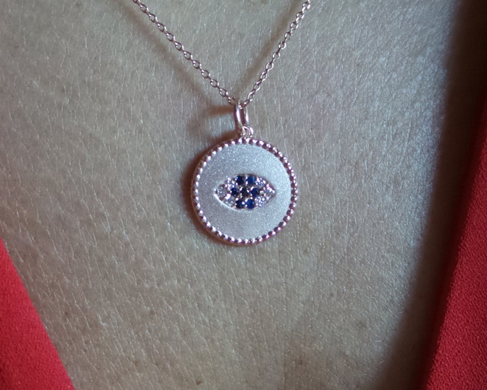 Evil Eye Disc Necklace / 14k Rose Gold Diamond Evil Eye Etsy