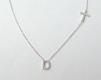 Diamond Initial Cross Necklace / Diamond Letter Cross Necklace / 14k Gold Initial Necklace / Diamond Cross Initial Necklace / Communion