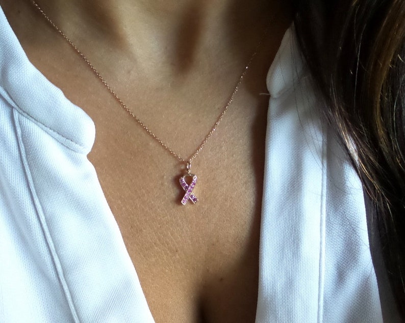 Brustkrebs Band Halskette / Pink Ribbon Halskette 14k Rose Gold / Halskette für Überlebende / Halskette für Brustkrebs / Brustkrebs Geschenk Bild 5