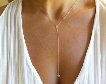 Gold Lariat Necklace / 14k Rose Gold Disc Lariat Necklace / Gold Disc Necklace / Minimalist Gold Lariat / Simple Gold Lariat / Gold Lariat