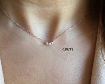 Diamond Trio Necklace / 14k Gold Diamond Prong Set Necklace 0.15cts / Bridal Diamond Necklace / Floating Diamond / Dainty Diamond Necklace
