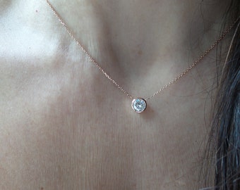 Diamond Solitaire Necklace 0.82CTS / 14k Gold Diamond Solitaire Necklace / Bridal Diamond Necklace / Floating Diamond Bridal / Anniversary