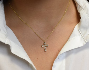 14k Gold diamond cross / 0.55 ct natural diamond cross / bezel diamond cross / baptism cross / layering necklace