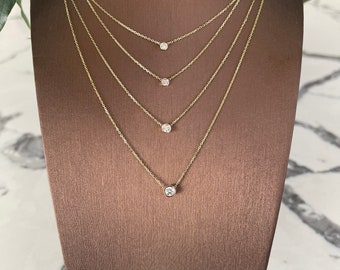 Diamond Solitaire Necklace / Bridal Diamond Solitaire Necklace / 14K Gold Diamond Bezel Necklace / Gold Diamond Solitaire Necklace