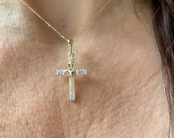 Claddagh Cross Necklace / 14k Gold Claddagh Cross Pendant / Communion  Confirmation Baptism Cross