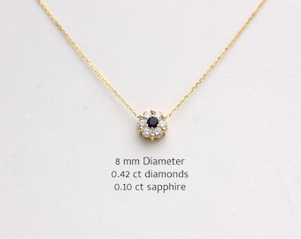 14k Gold Blue Sapphire Diamond Flower Necklace, Bridal September Birthstone, Something Blue Charm