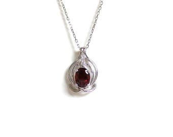 Garnet Necklace/ Sterling Silver Garnet Necklace/ Genuine Garnet Necklace/ January Birthstone/ Genuine Gemstone/ Oval Garnet with Diamond