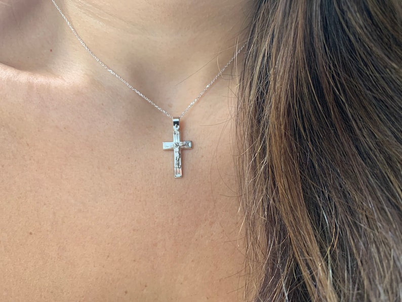 Crucifix Cross Necklace 14k White Gold Cross Necklace Unisex Gold Cross Boys Girls Cross Communion Cross Confirmation Cross Baptism