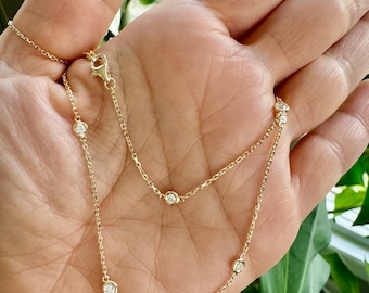 Diamond Necklace 0.50CTS / 14k Gold Diamond Station Necklace / 14k Gold Diamond Necklace / Dainty Diamond / Diamond Bezel Set Necklace