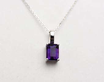 Amethyst necklace, sterling silver emerald cut natural Purple Amethyst, February birthstone, layering bridal necklace