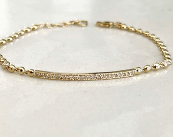 Diamond Bar Bezel Ball Chain Bracelet 0.26CTS /  14k Gold Diamond Bar Bracelet / Bridal Diamond Bezel Bracelet / Layering Diamond Bracelet