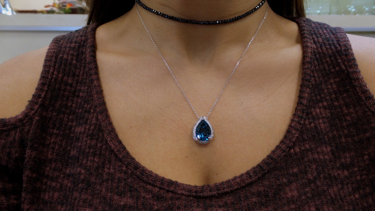 Blue Topaz Necklace with Diamonds Sterling Silver Sterling Silver Blue Topaz Necklace Genuine Blue Topaz Necklace December Gemstone