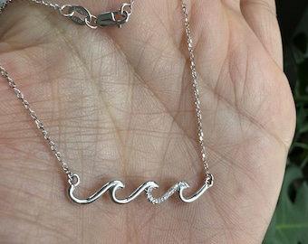 Diamond Wave Necklace / 14k White Gold Diamond Wave Necklace / Gold Diamond Wave Necklace