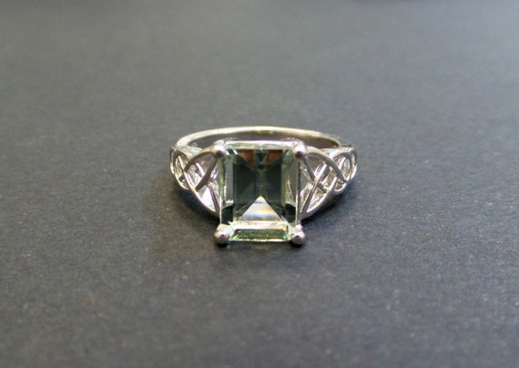 Emerald Cut Green Amethyst Engagement Ring: Sterling Silver, Handmade