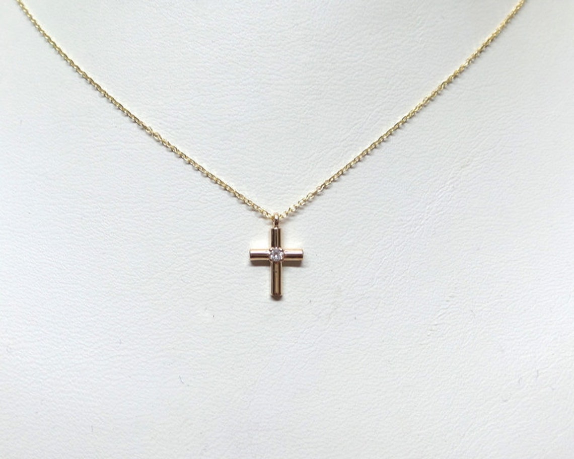 Small Diamond Cross Necklace / 14k Rose Gold Cross / Dainty | Etsy