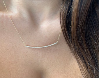 Diamond Bar Necklace / 14k Gold Diamond Bar Necklace 0.40ct / Curved Bar Necklace / Dainty Bar Necklace / Gold Bar Necklace / Bridal Necklac