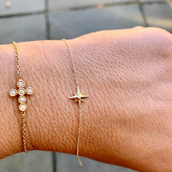 North Star Bracelet / Starburst Diamond Bracelet / 14k Gold Diamond North Star Bracelet / Minimalist North Star Bracelet / Dainty Starburst