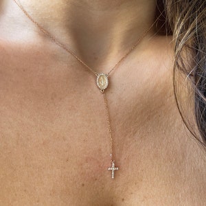 Diamond Cross Virgin Mary Necklace Lariat / 14k Gold Diamond Virgin Mary Cross Lariat Necklace / Virgin Mary Cross / Guadalupe Necklace
