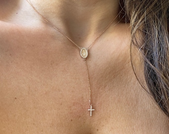 Diamond Cross Virgin Mary Necklace Lariat / 14k Gold Diamond Virgin Mary Cross Lariat Necklace / Virgin Mary Cross / Guadalupe Necklace