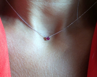 Red Ruby Solitaire Necklace / 14k Gold Birthstone Ruby Necklace / Petite Ruby Necklace / Ruby Prong Set Necklace / July Gemstone