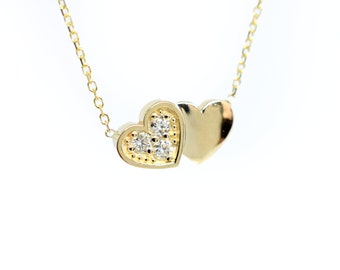 Small Diamond Heart Necklace / 14k Gold Double Diamond Heart Necklace / 14k Solid Gold Diamond Heart / Love Necklace / Layering Heart