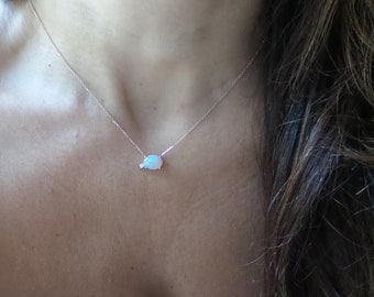 Opal Diamond Necklace / Natural Diamond Necklace/ 14k Gold Australian Opal / White Opal Necklace / Gold Opal Pendant / October Birthstone