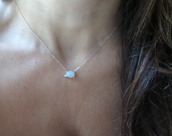 Opal Diamond Necklace / Natural Diamond Necklace/ 14k Gold Australian Opal / White Opal Necklace / Gold Opal Pendant / October Birthstone