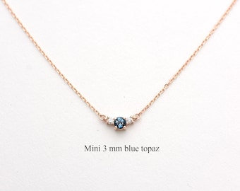 14k Gold Mini Blue Topaz Diamond Trio Necklace: Past, Present, Future Pendant, December Birthstone