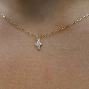 Small Diamond Cross Necklace / 14k Gold Cross Necklace / Tiny Diamond Cross / Petite Diamond Cross/ Diamond Mini Cross / Gold Tiny Cross