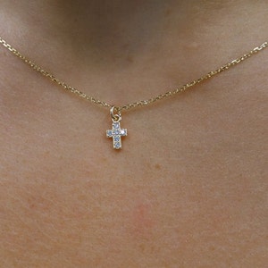 14k Gold Diamond Cross Necklace: Petite Religious Gift