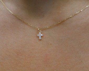 Small Diamond Cross Necklace / 14k Gold Cross Necklace / Tiny Diamond Cross / Petite Diamond Cross/ Diamond Mini Cross / Gold Tiny Cross