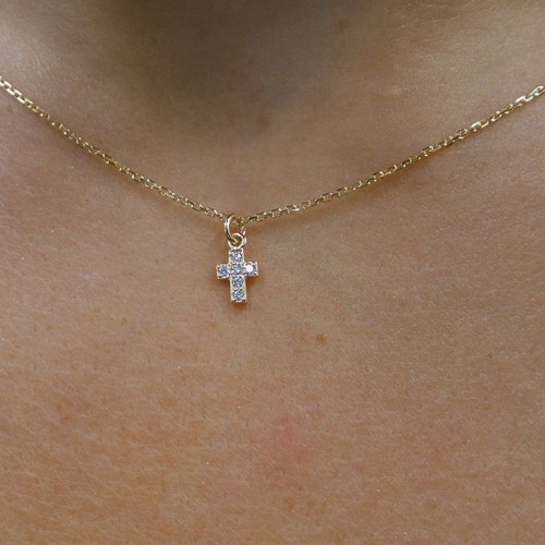 14k Diamond Tiny/petite/dainty/small Cross Necklace/easter | Etsy