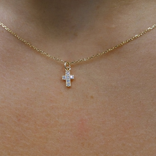 14k Diamond Tiny/petite/dainty/small Cross Necklace/easter | Etsy