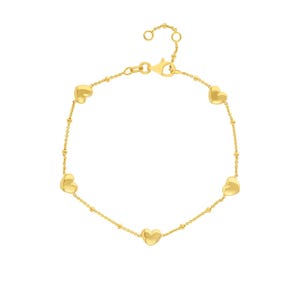 Dainty 14k Yellow Gold Heart Station Bracelet - Adjustable