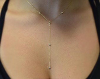 Diamond Necklace Lariat 0.20cts / 14k Gold Diamond Bezel Lariat Necklace / Everyday Lariat Diamond Necklace / Dainty Diamond Necklace
