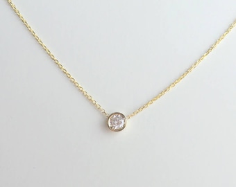 Diamond Solitaire Necklace / Diamond Bezel Necklace 0.20ct / 14k Gold Diamond Necklace / Dainty Diamond Necklace / Floating Diamond