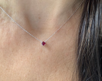Ruby Necklace 0.10ct / 14k White Gold Ruby Necklace 3mm / Minimalist Ruby Necklace / Prong Set Ruby / Dainty Ruby Pendant / Red Ruby / July
