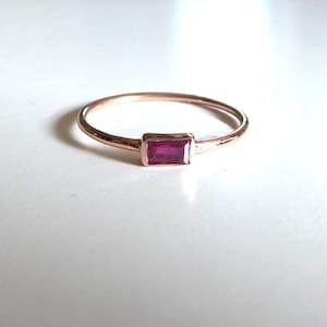 Handmade 14k Rose Gold Ruby Baguette Ring: Dainty Stacking Ring