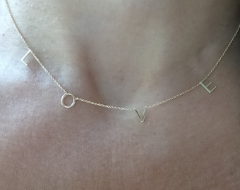 Love Necklace / 14k Gold Love Necklace / Love Charm Necklace / Initial Letter Necklace / Gift for Girlfriend / Valentines / Bridesmaid Gift