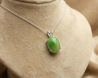 Green Jade Necklace, Oval Jadeite Pendant, 925 Sterling Silver , Genuine Jade Jewelry,