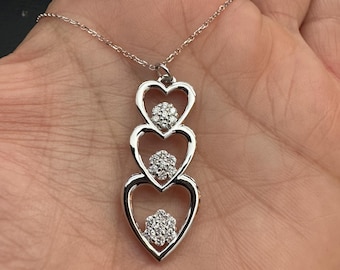 Diamond Heart Necklace / 14k White Gold Diamond Heart Necklace / Triple Heart Necklace / Gold Heart Necklace / Diamond Heart Pendant