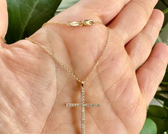 Diamond Cross Necklace / Large Diamond Cross 0.25cts / 14k Gold Diamond Cross / Gold Cross / Communion / Confirmation /Confirmation