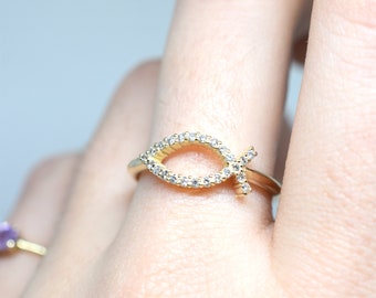 Diamond Fish Ring / 14K Gold Diamond Ichthys Fish Ring / Gold Christianity Symbol Fish Ring / Christianity Ring
