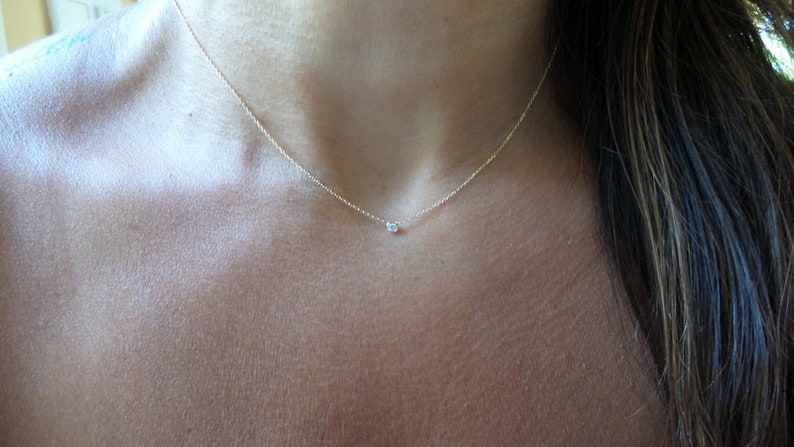Mini Diamond Necklace / Diamond Solitaire Necklace 0.03CT / 14K Gold Diamond Bezel Necklace / Gold Diamond Solitaire Necklace /Small Diamond image 8