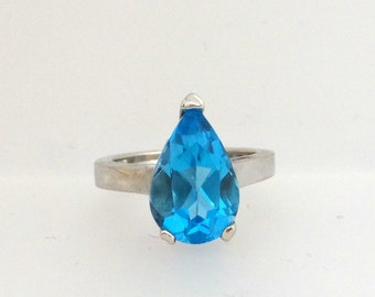 Swiss Blue Topaz Engagement Ring,  Pear Shaped Swiss Blue Topaz Solitaire Ring, white Gold Engagement , Wedding, Pear Shaped Engagement Ring