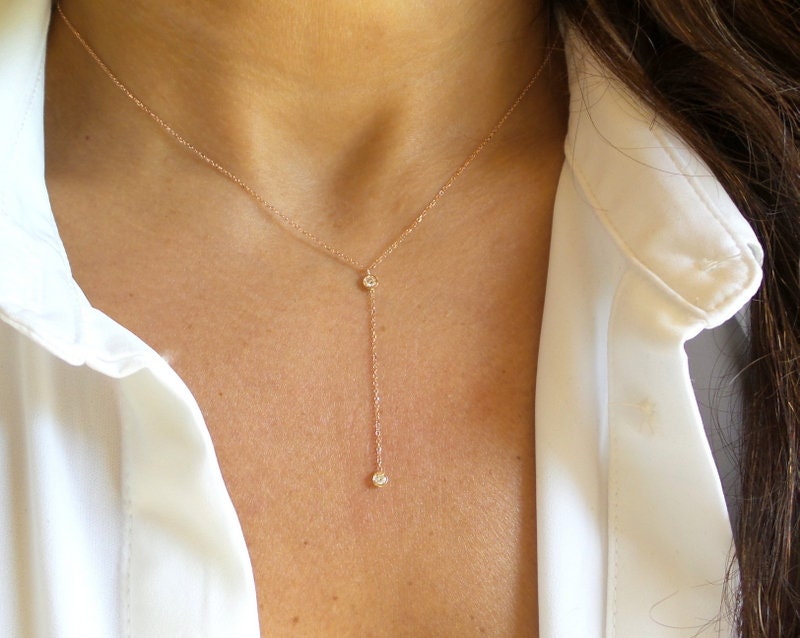 Diamond Necklace Lariat 14k Rose Gold Diamond Bezel Lariat Necklace Lariat Diamond Necklace Dainty Diamond Necklace Bridal Diamond