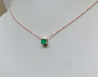 Emerald Necklace / 14k Rose Gold Emerald Solitaire Necklace